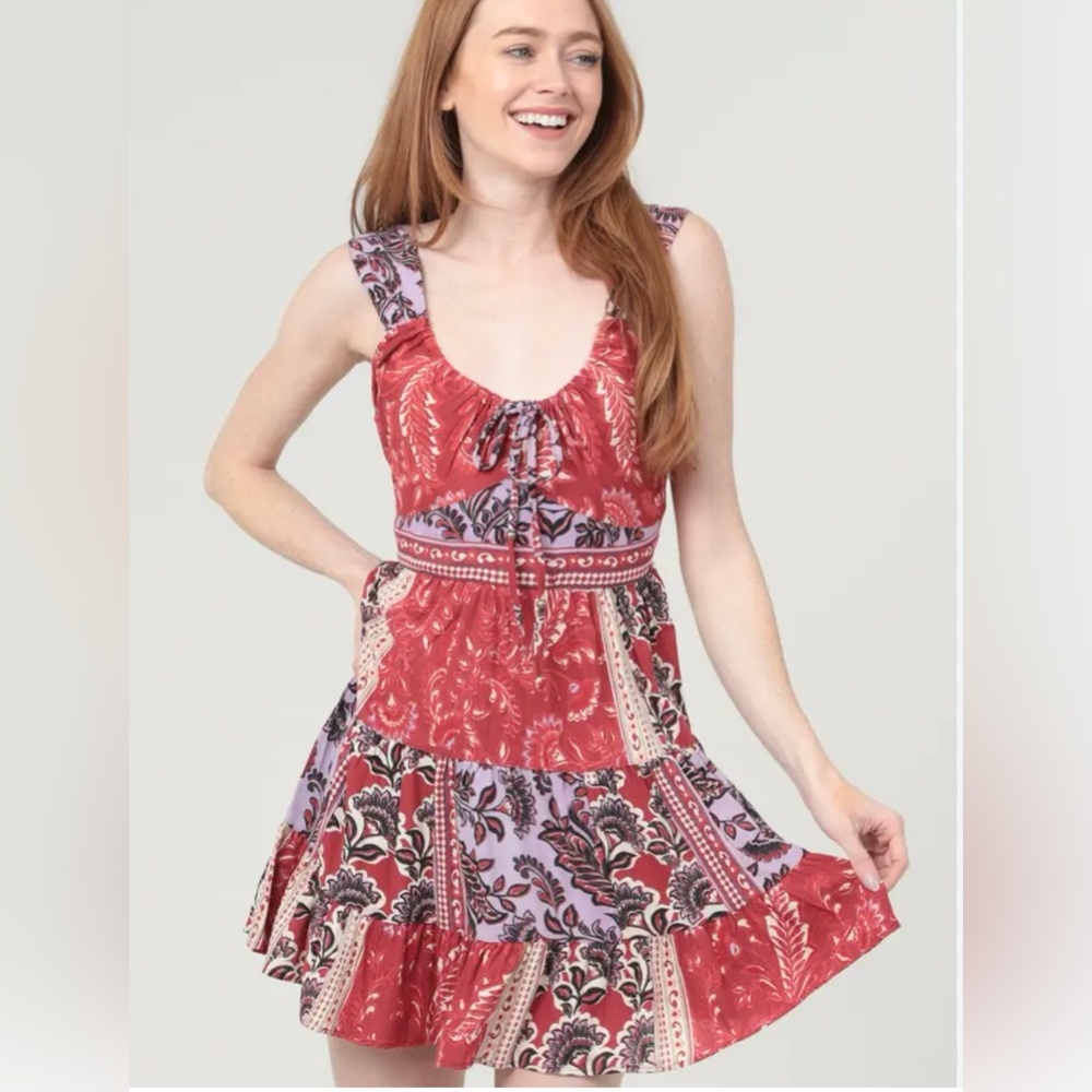 Angie Vibrant Red and Purple patchworked Patterned Mini dress with tie back